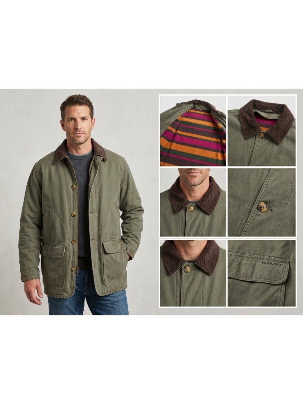 Woolrich Mens Barn Coat Olive Canvas Sz M Stripe Lined Field Jacket Utility